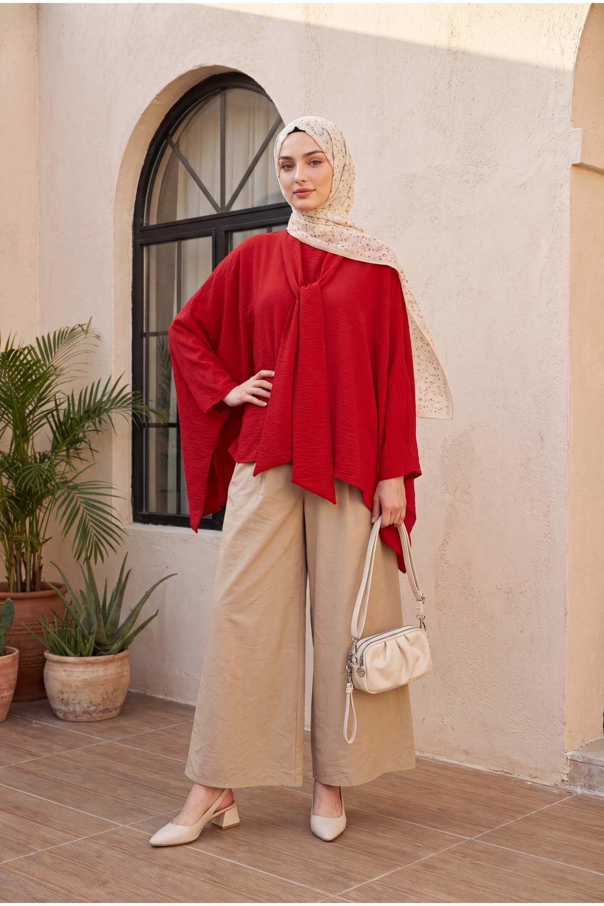 Oversized Poly-Viscose Tunic with Sash and Longer Back -Red
