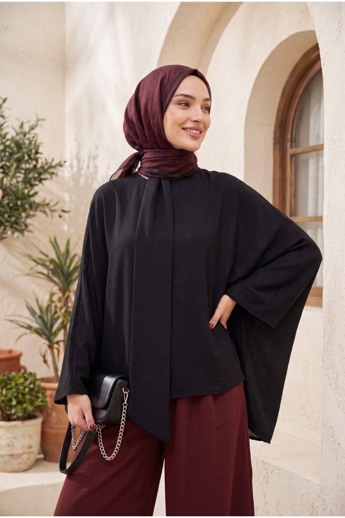 Oversized Poly-Viscose Tunic with Sash and Longer Back -Black