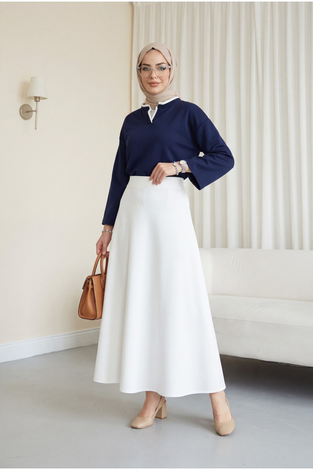 V-Neck Double Layer 2-Thread Cotton Blouse -Navy blue