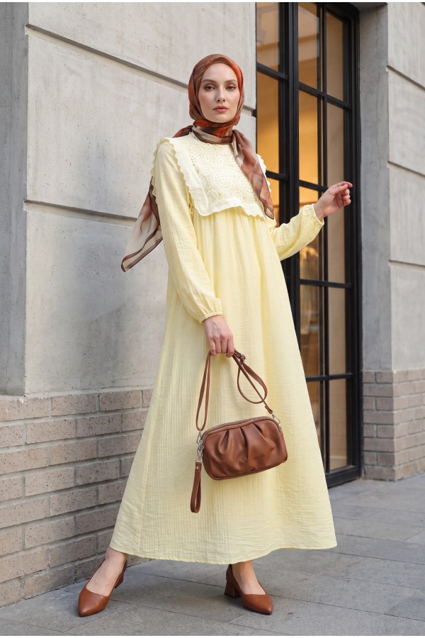 Lined Crepe Dress with Removable Lace Vest and Elasticated Sleeves -Yellow