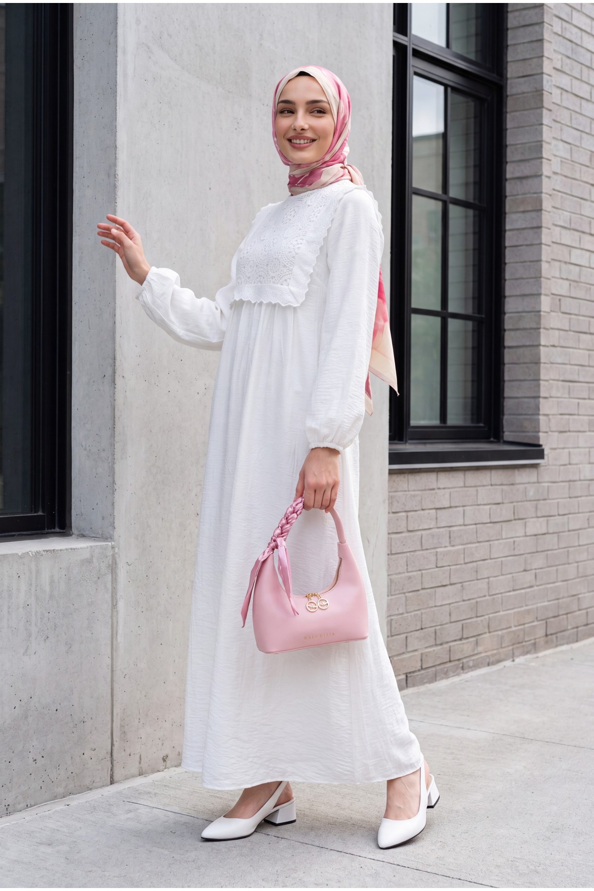 Lined Crepe Dress with Removable Lace Vest and Elasticated Sleeves -White
