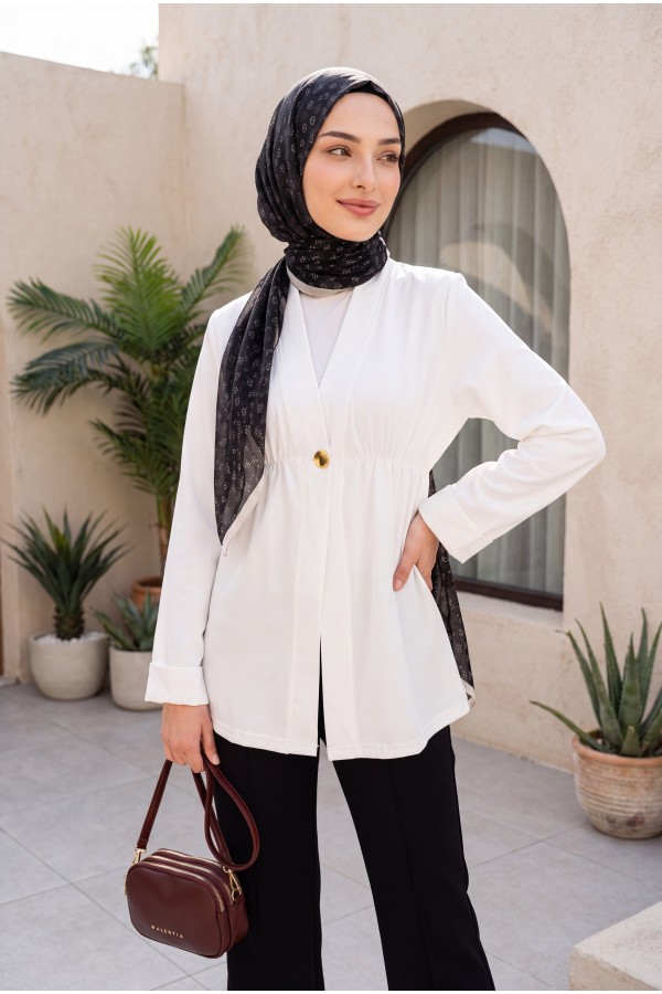 Beli Lastikli Kolu Katlamalı Tek Düğmeli Krep Kimono -Beyaz