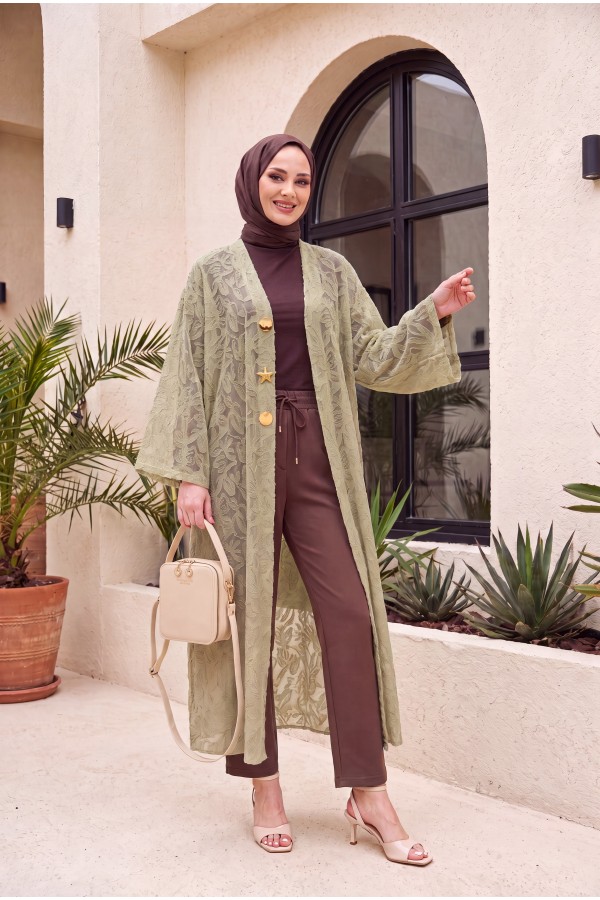 Geniş Kol Bağcıklı Broşlu Jakarlı Uzun Kimono -Çağla Yeşili