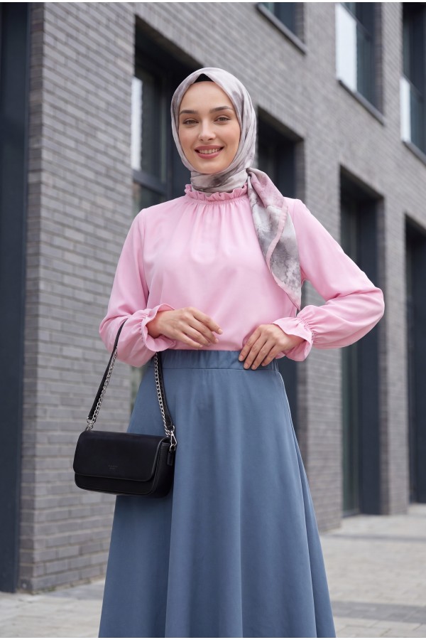 Yakası Büzgülü Bluz     -Pembe