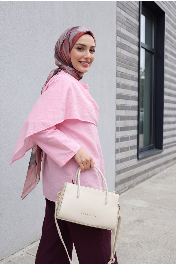 Çıkarılabilir Pelerinli Oversize Modal Tunik  -Pembe