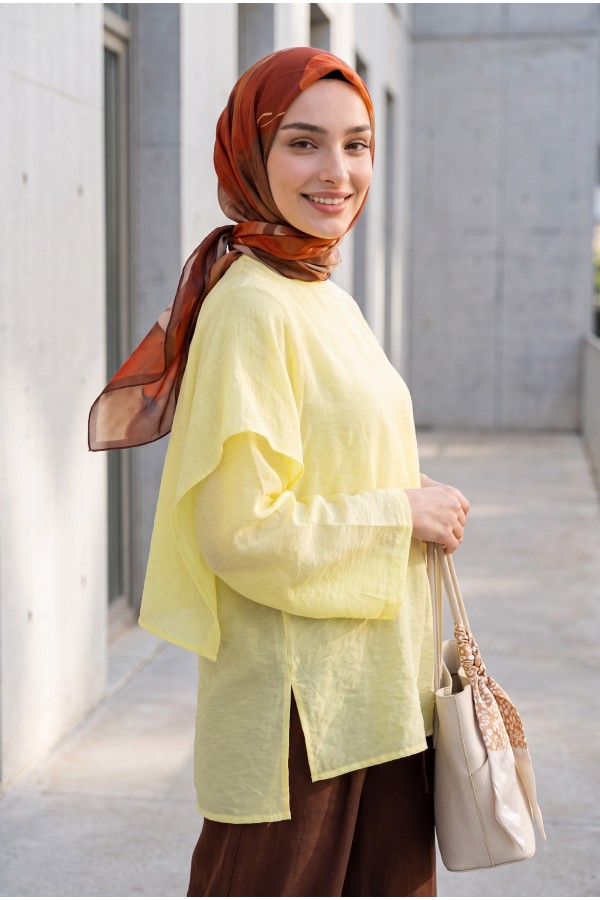 Çıkarılabilir Pelerinli Oversize Modal Tunik  -Sarı