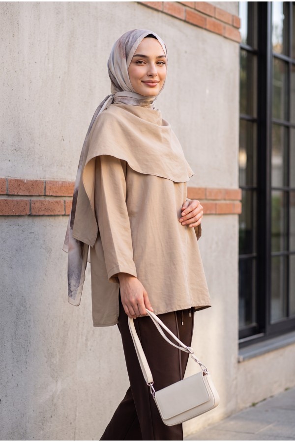 Çıkarılabilir Pelerinli Oversize Modal Tunik  -Vizon