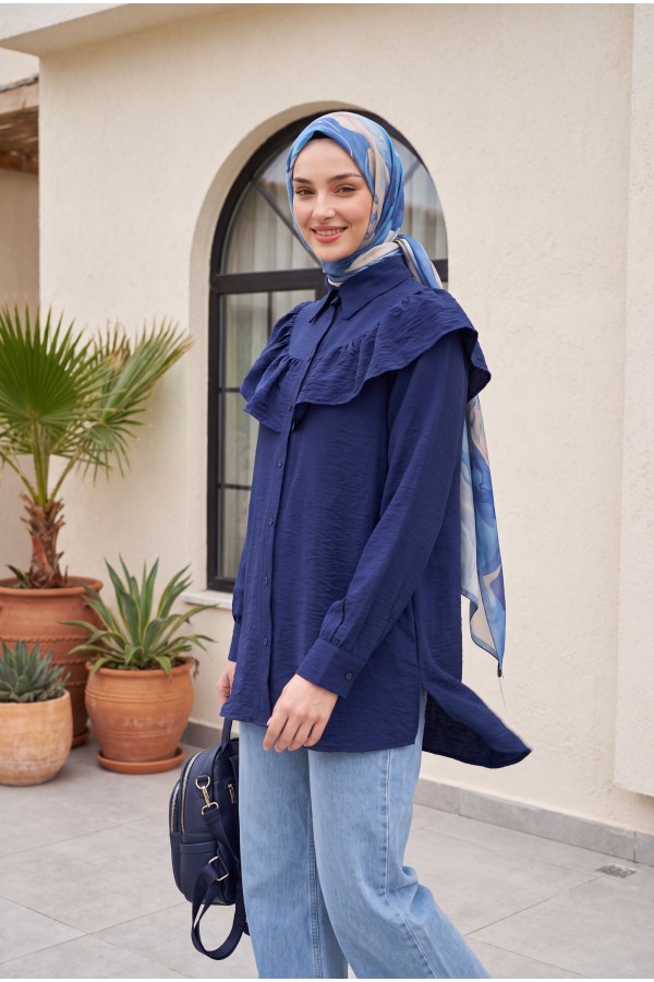 Robadan Fırfırlı Düğmeli Rayon Tunik -Lacivert