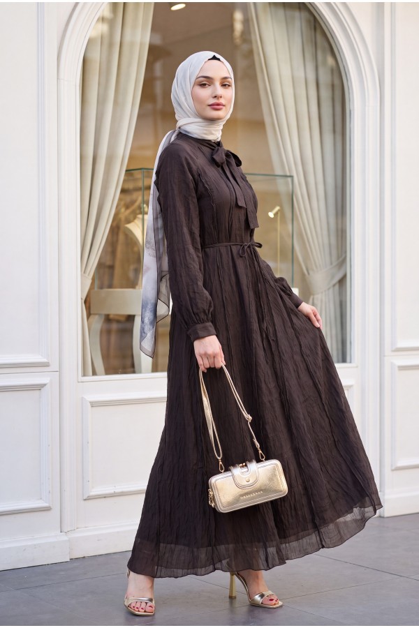Lined Raglan Sleeve Dress with Tie Neckline and Belt -Dark Coffee