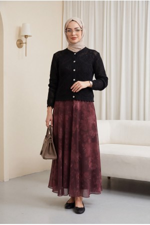 Geometrik Desenli Ajurlu Düğmeli Triko Hırka -Siyah