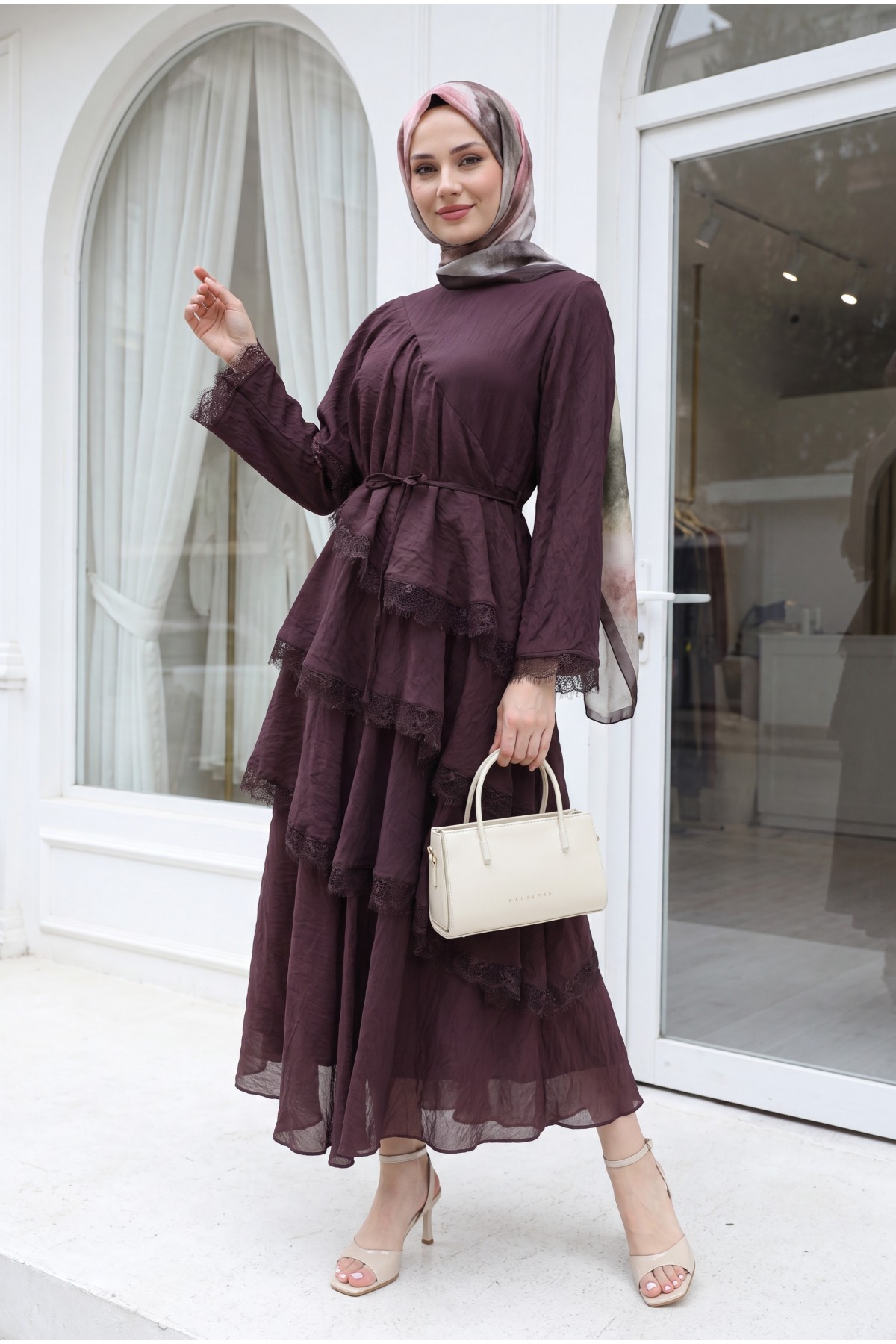Lace-Detailed Layered Belted Lined Tulle Modal Dress -Damson