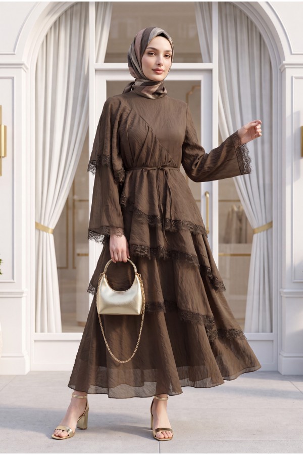 Lace-Detailed Layered Belted Lined Tulle Modal Dress -Brown