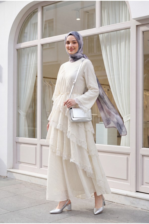 Lace-Detailed Layered Belted Lined Tulle Modal Dress -White