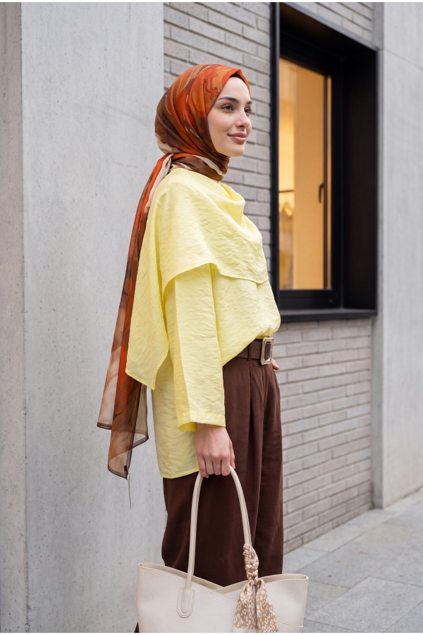 Çıkarılabilir Pelerinli Oversize Modal Tunik  -Sarı