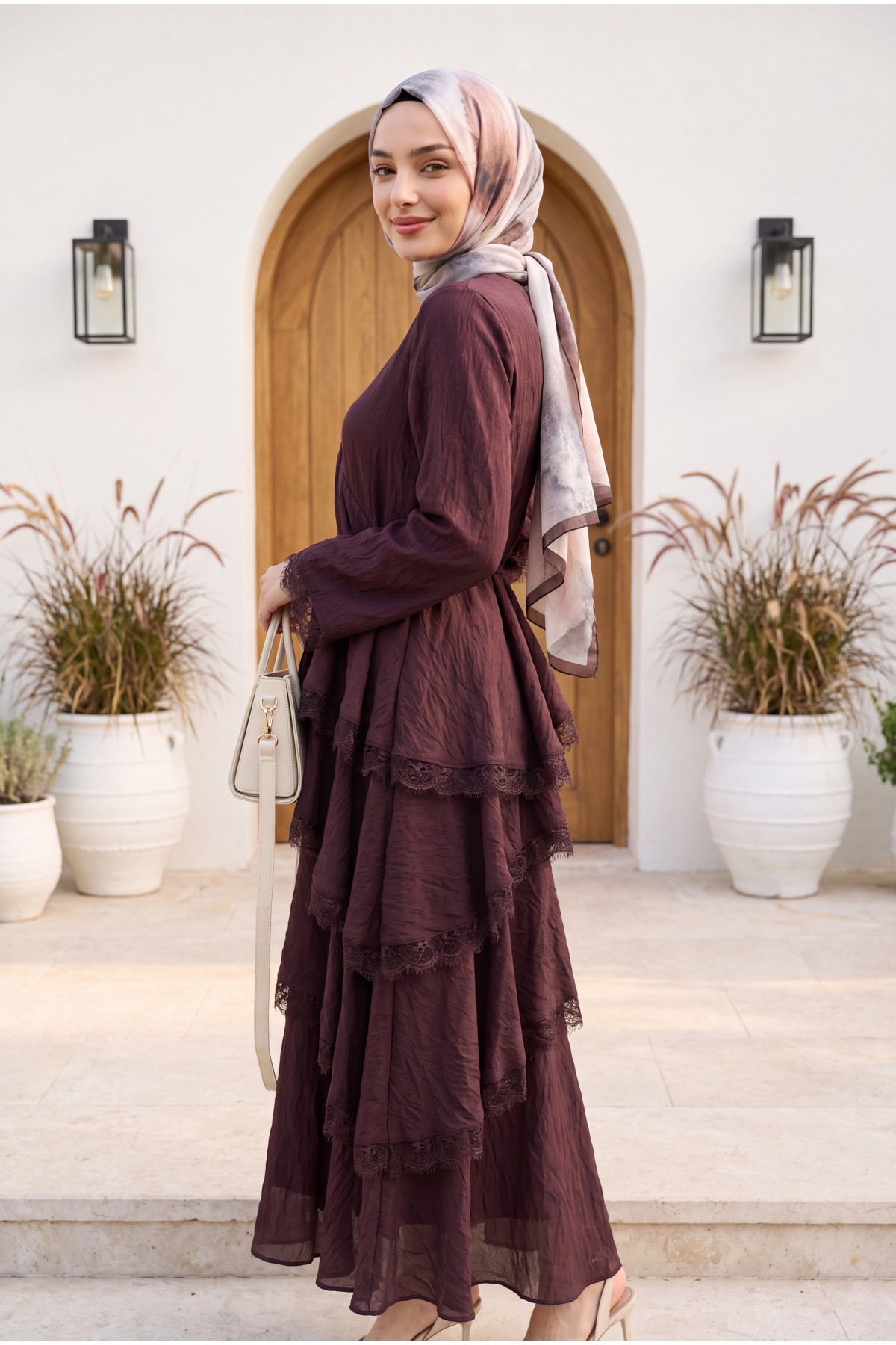 Lace-Detailed Layered Belted Lined Tulle Modal Dress -Damson