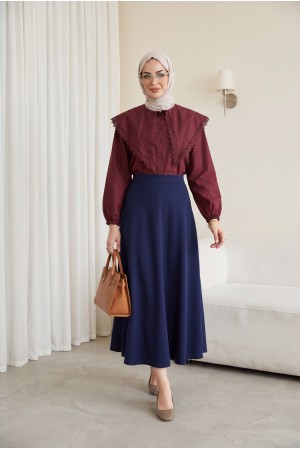 Dantelli Geniş Yakalı Bağcıklı Kolu Lastikli Poplin Gömlek  -Bordo