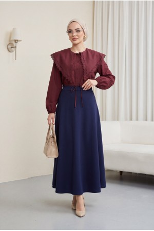 Dantelli Geniş Yakalı Bağcıklı Kolu Lastikli Poplin Gömlek  -Bordo