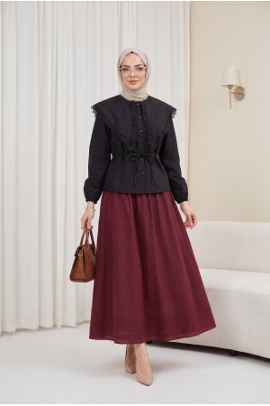 Dantelli Geniş Yakalı Bağcıklı Kolu Lastikli Poplin Gömlek  -Siyah