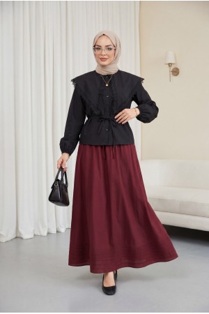 Dantelli Geniş Yakalı Bağcıklı Kolu Lastikli Poplin Gömlek  -Siyah