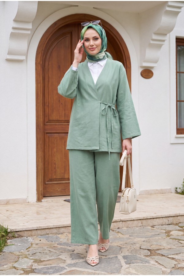 Önden Bağlamalı Pantolonlu Kimono Takım       -Su Yeşili