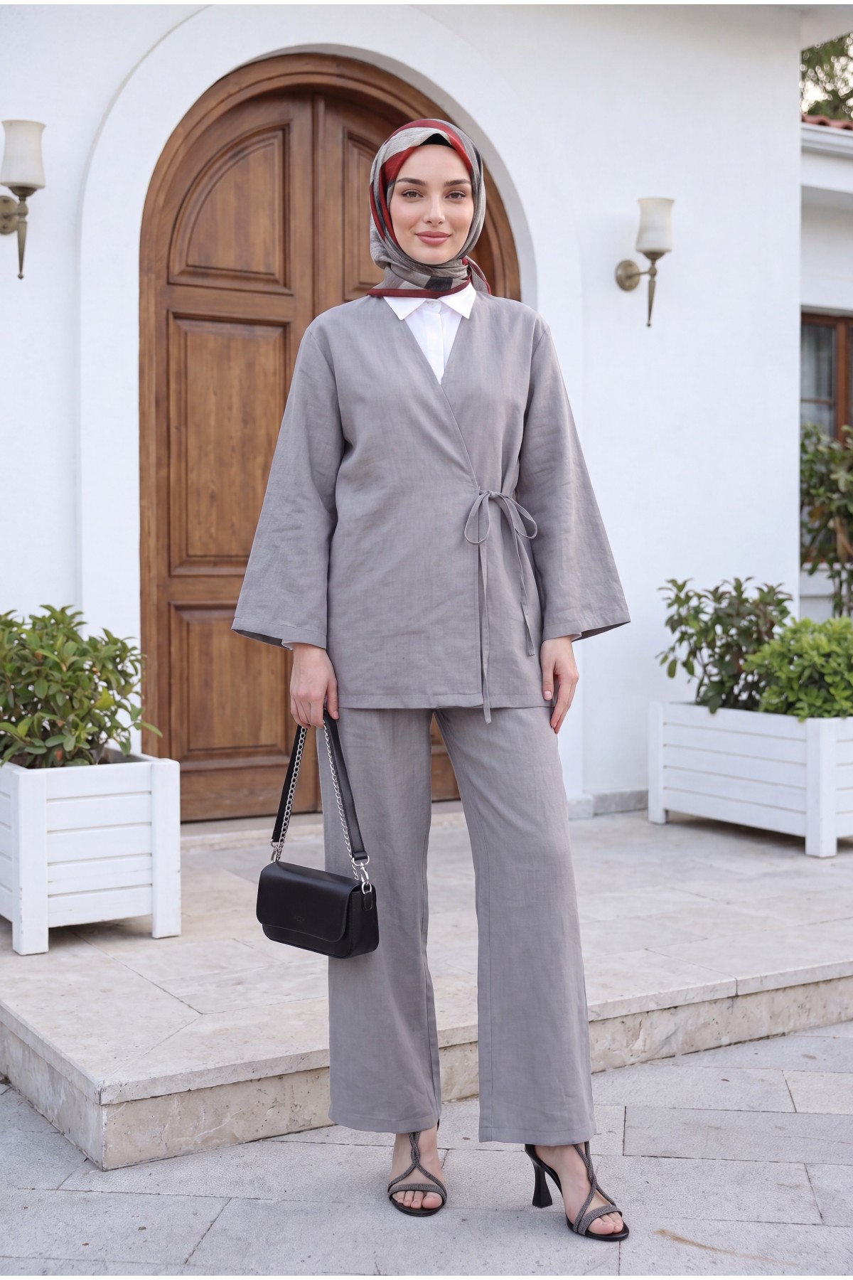 Önden Bağlamalı Pantolonlu Kimono Takım   -Gri