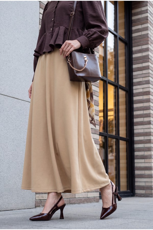 Elasticated Waist Imported Lycra Crepe Flared Skirt - Beige