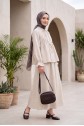 Half-buttoned, elasticated sleeve, front tie-front linen skirt set - Beige