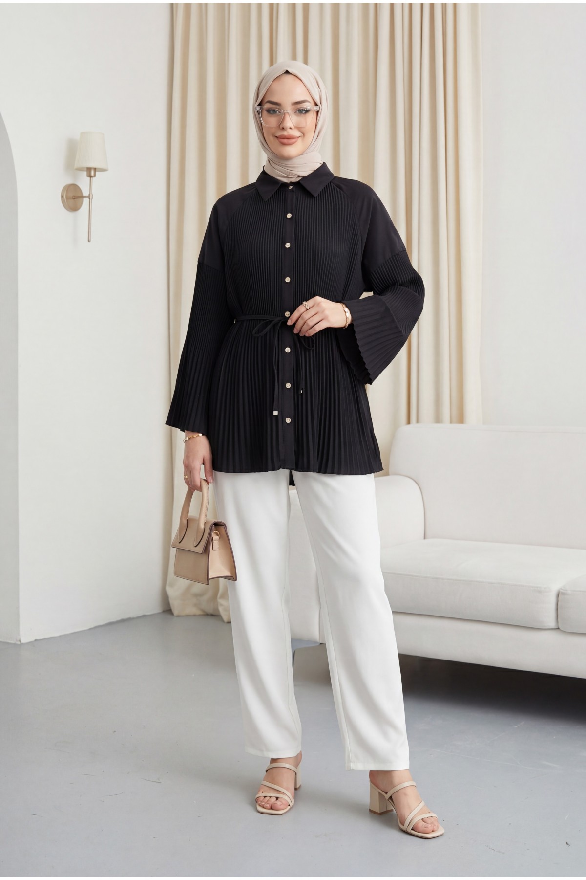 Belted, Rhinestone and Buttoned Pleated Poplin Tunic -Black