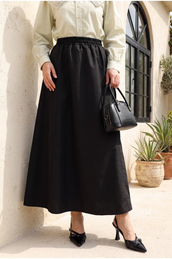 Elastic Waist Parachute Skirt with Pockets -Black