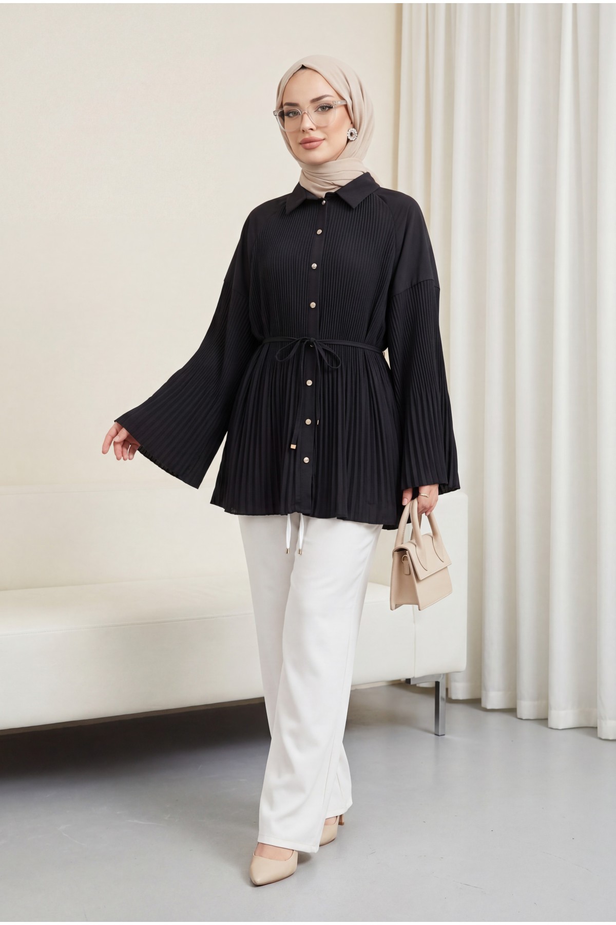 Belted, Rhinestone and Buttoned Pleated Poplin Tunic -Black