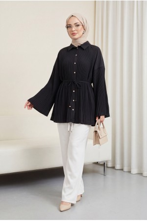 Beli Bağlamalı Taşlı Düğmeli Pliseli Poplin Tunik -Siyah