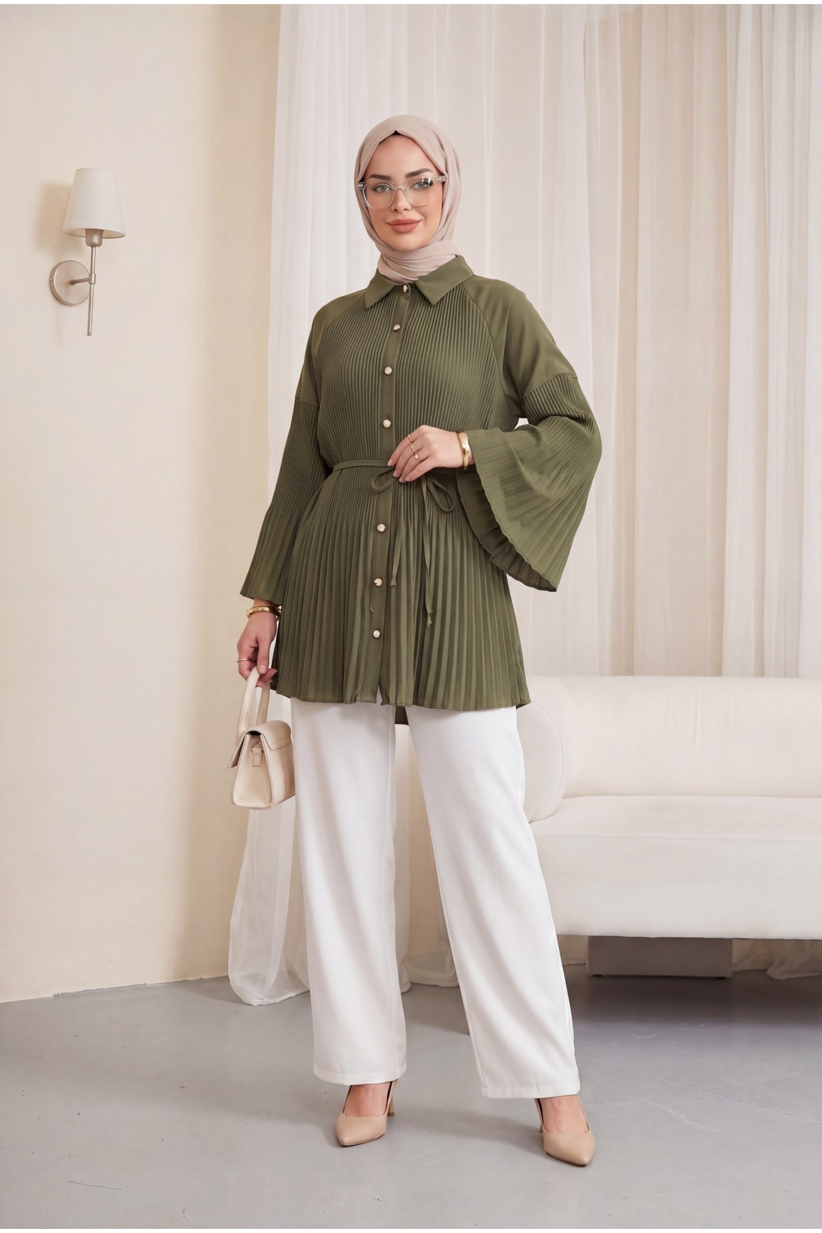 Beli Bağlamalı Taşlı Düğmeli Pliseli Poplin Tunik -Haki