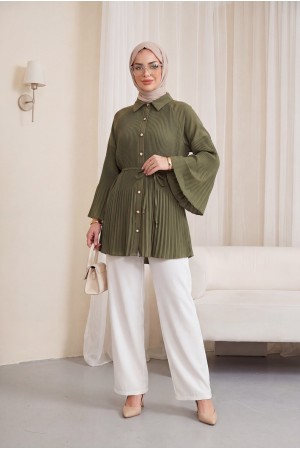 Beli Bağlamalı Taşlı Düğmeli Pliseli Poplin Tunik -Haki