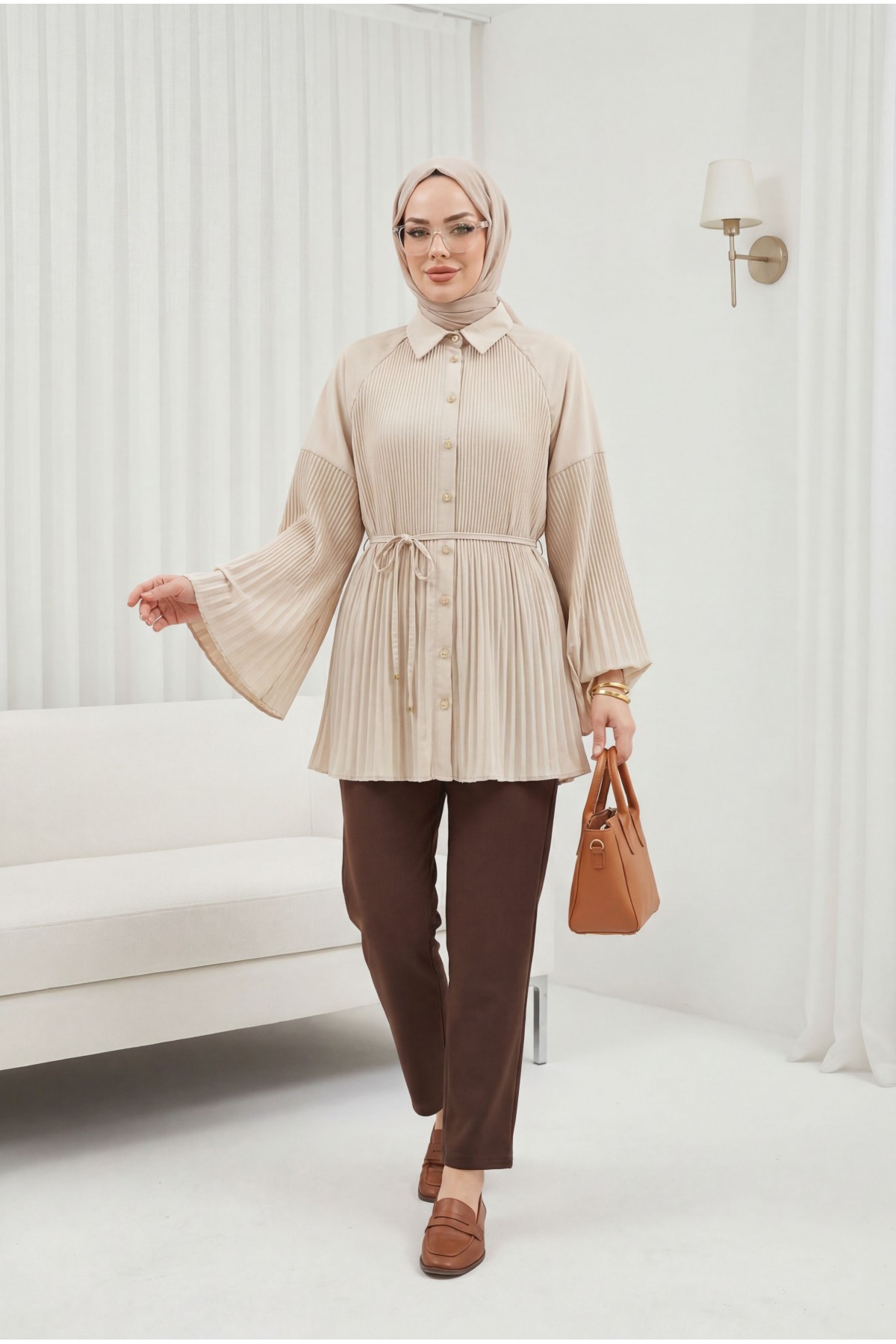 Belted, Rhinestone and Buttoned Pleated Poplin Tunic - Beige