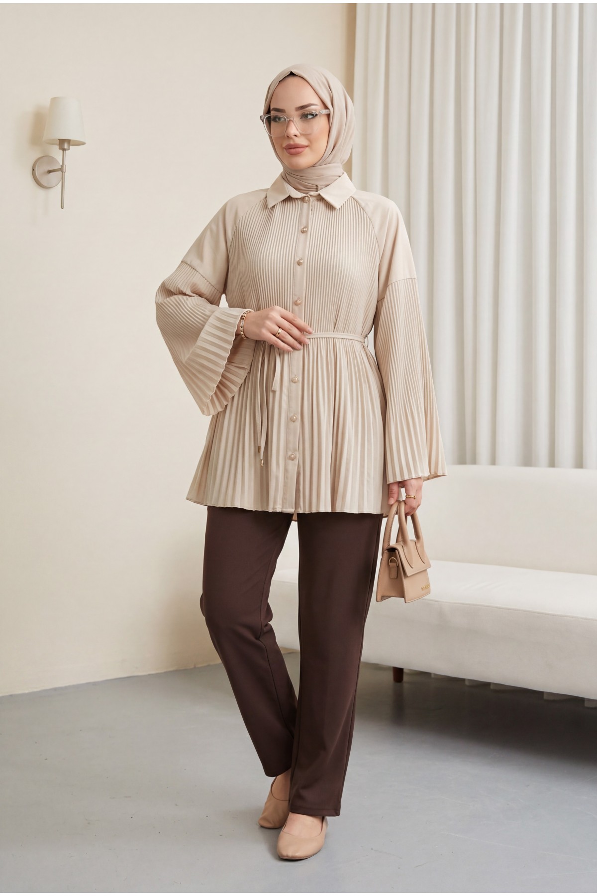 Belted, Rhinestone and Buttoned Pleated Poplin Tunic - Beige