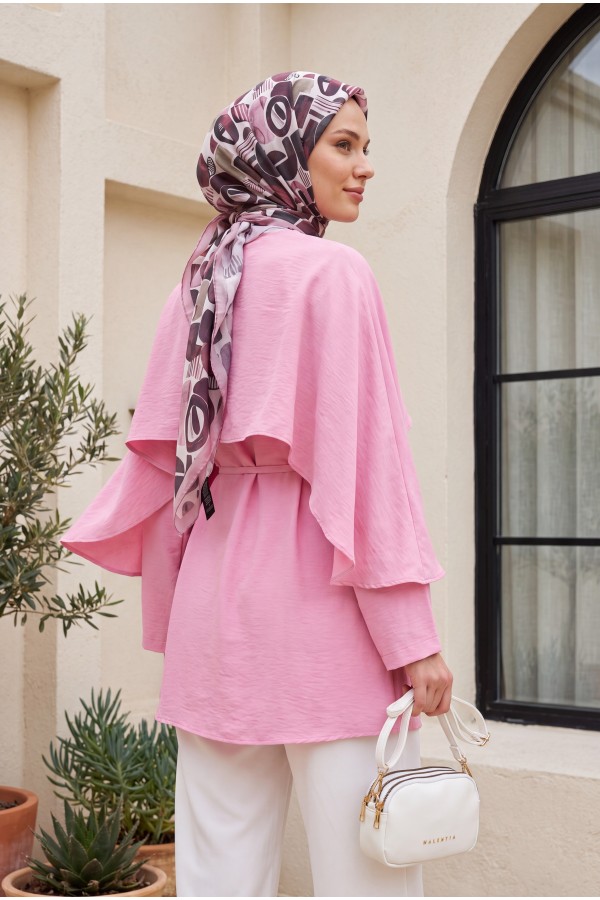 Pelerin Detaylı Kemerli Vual Tunik -Pembe