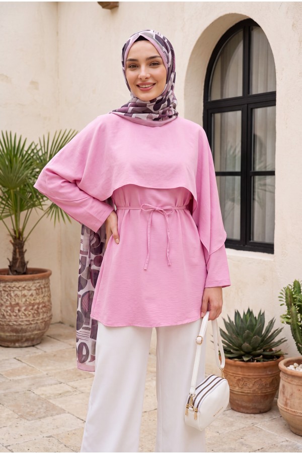 Pelerin Detaylı Kemerli Vual Tunik -Pembe