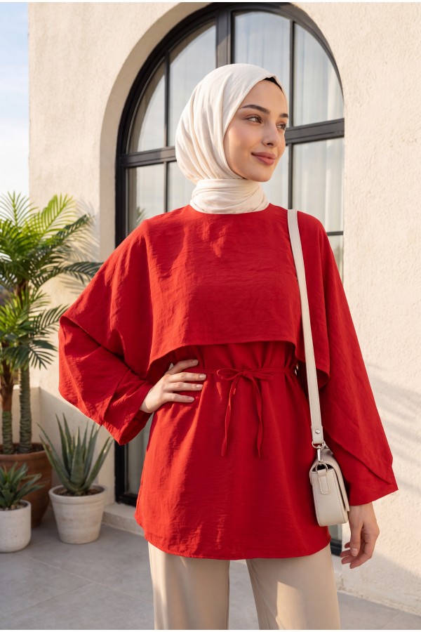 Cape Detail Belted Voile Tunic -Red