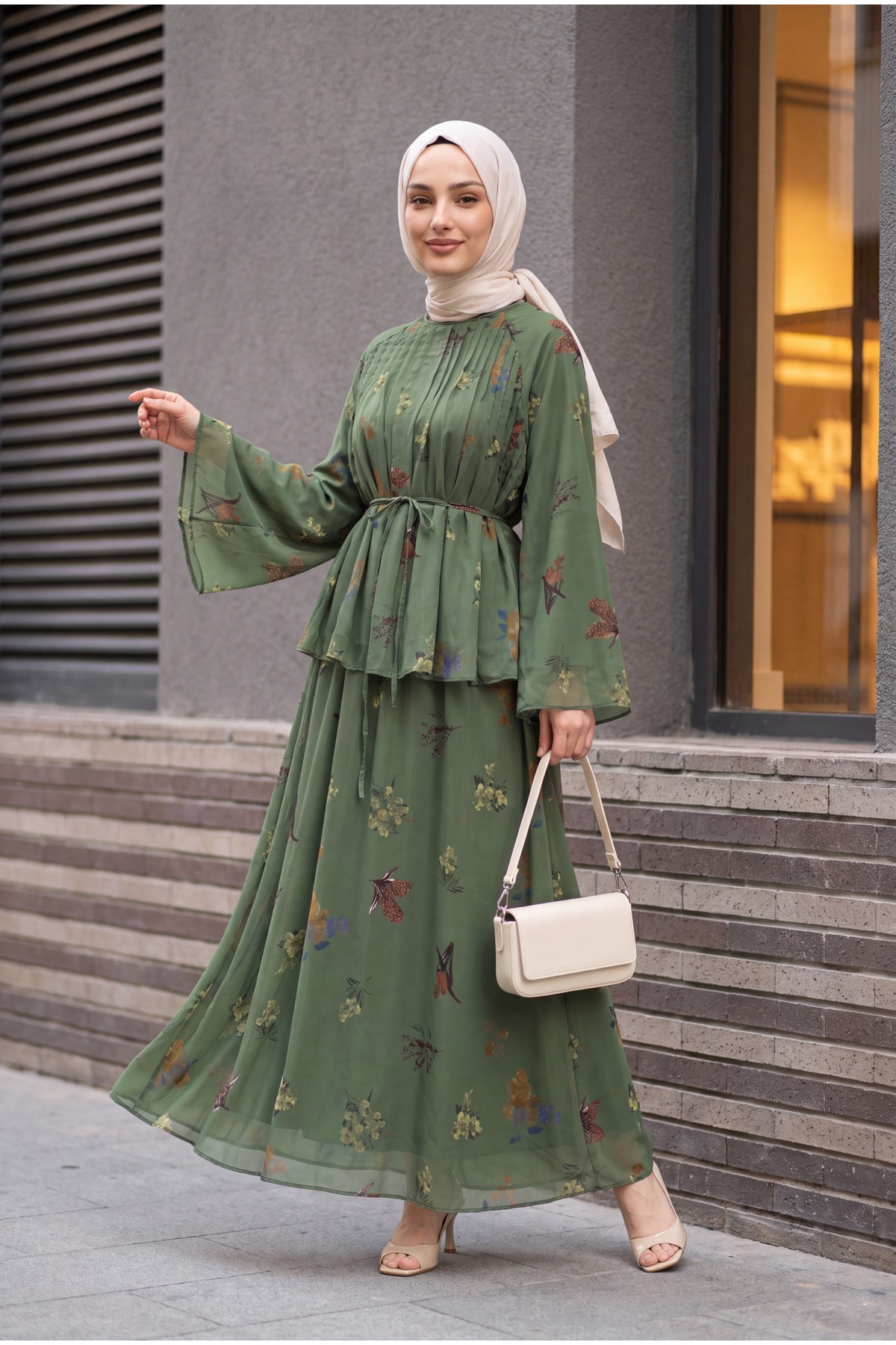 Spanish-style chiffon set with lined sleeves, belt, and floral skirt. -Khaki