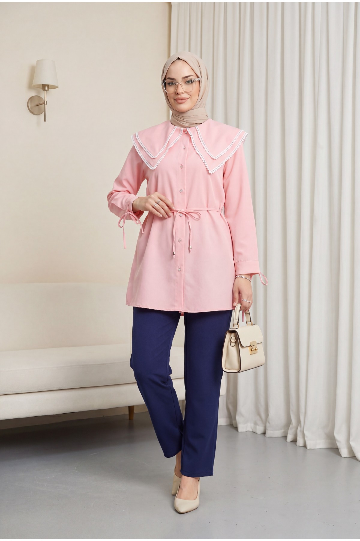 Poplin Tunic with Lace Neckline and Drawstring Waist and Sleeves -Pink