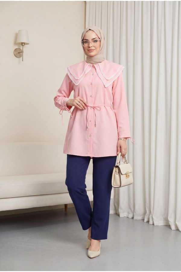 Yakası Dantelli Beli Ve Kolu Bağcıklı Poplin Tunik  -Pembe