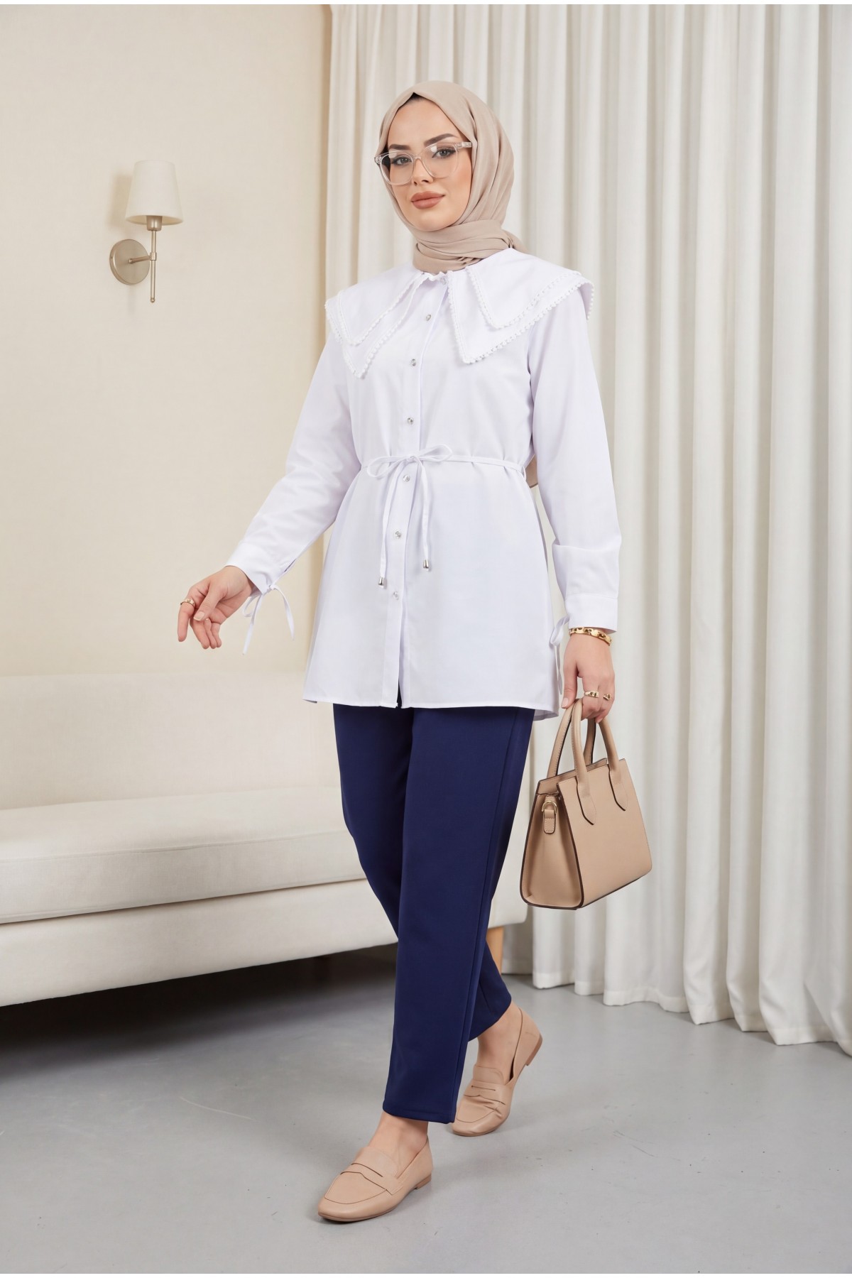 Poplin Tunic with Lace Neckline and Drawstring Waist and Sleeves -White