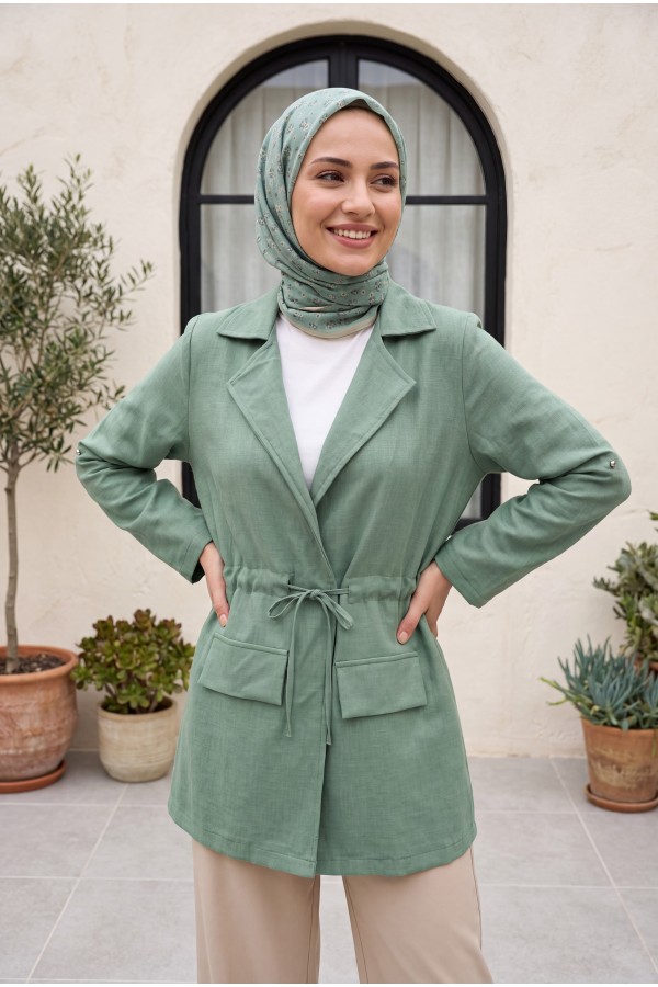 Tünel Bağcıklı Cep Detaylı Keten Görünümlü Kimono -Mint