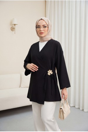Yandan Çapraz Bağlamalı Tokalı Modal Tunik -Siyah