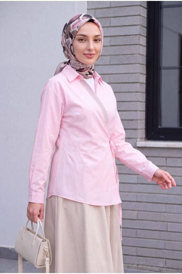 Side-Tie Poplin Shirt with Stone Detail and Wrap Collar -Pink