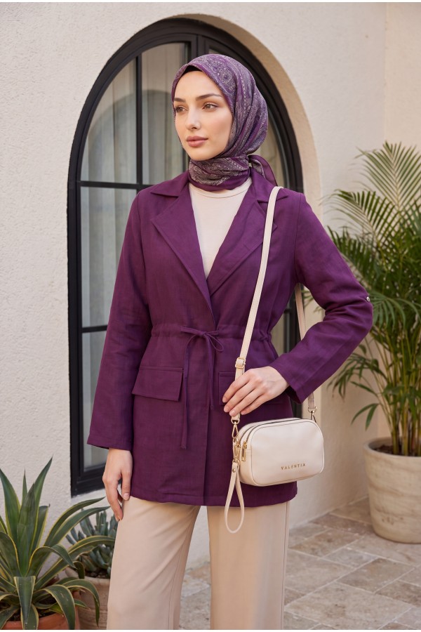 Tünel Bağcıklı Cep Detaylı Keten Görünümlü Kimono -Mürdüm