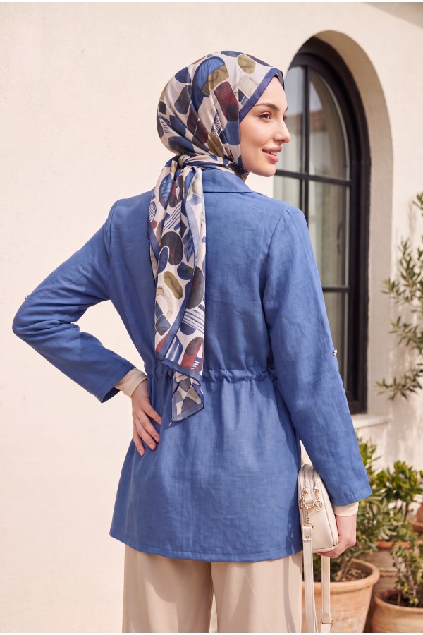 Tünel Bağcıklı Cep Detaylı Keten Görünümlü Kimono -İndigo