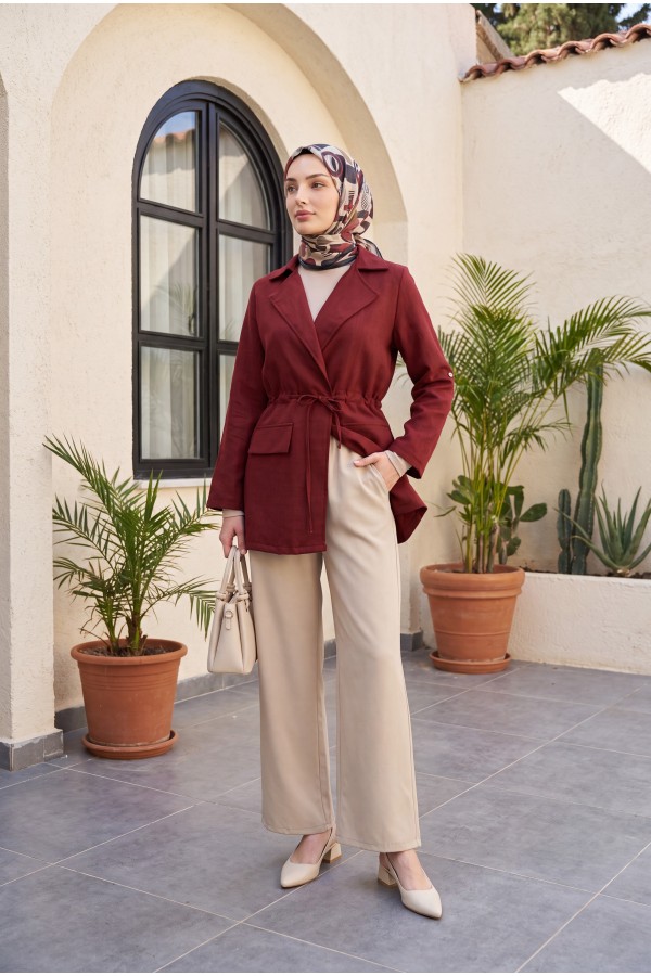 Tünel Bağcıklı Cep Detaylı Keten Görünümlü Kimono -Bordo