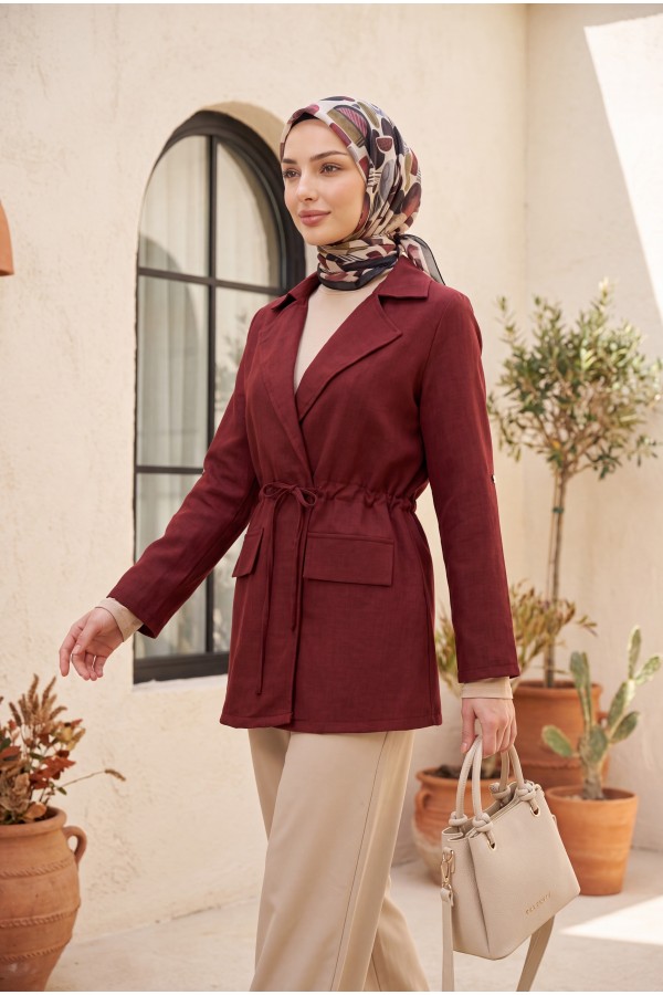 Tünel Bağcıklı Cep Detaylı Keten Görünümlü Kimono -Bordo