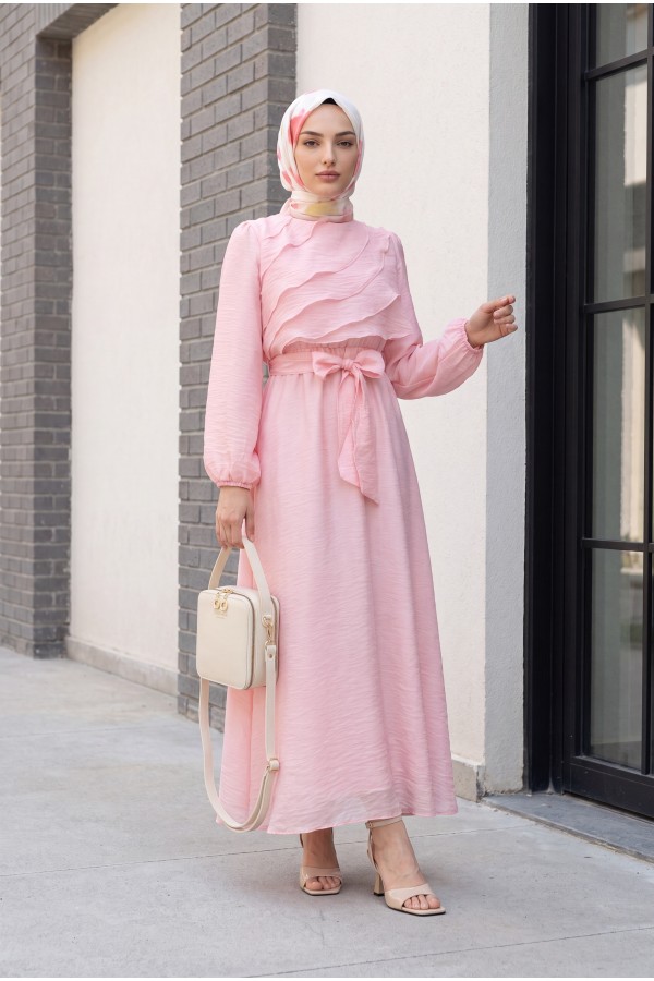 Chiffon dress with elasticated waist folded front balloon sleeves and lining  -Pink